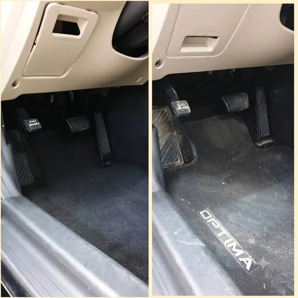 Car floorboard and pedals before and after mobile detailing in Chattanooga, TN — deep vacuum and shampoo cleaning