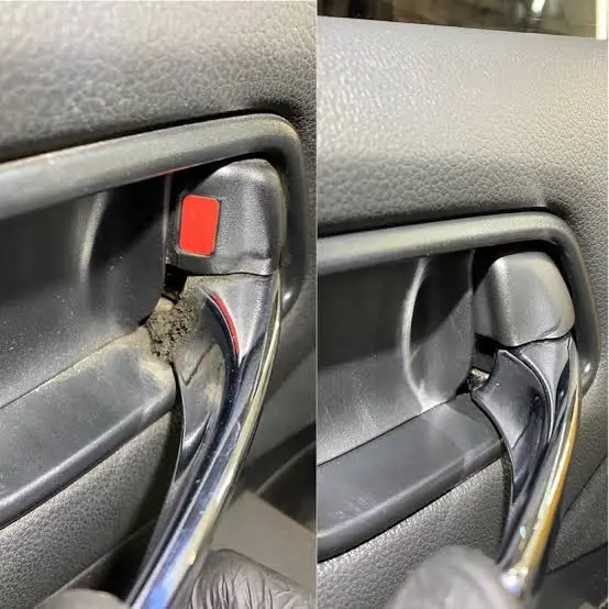 Interior door handle before and after detailing, dirt and grime removed