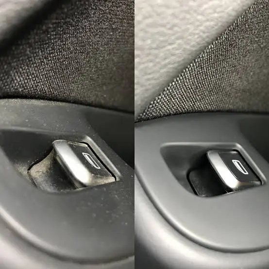Window switch and door pocket before and after dust and grime removal