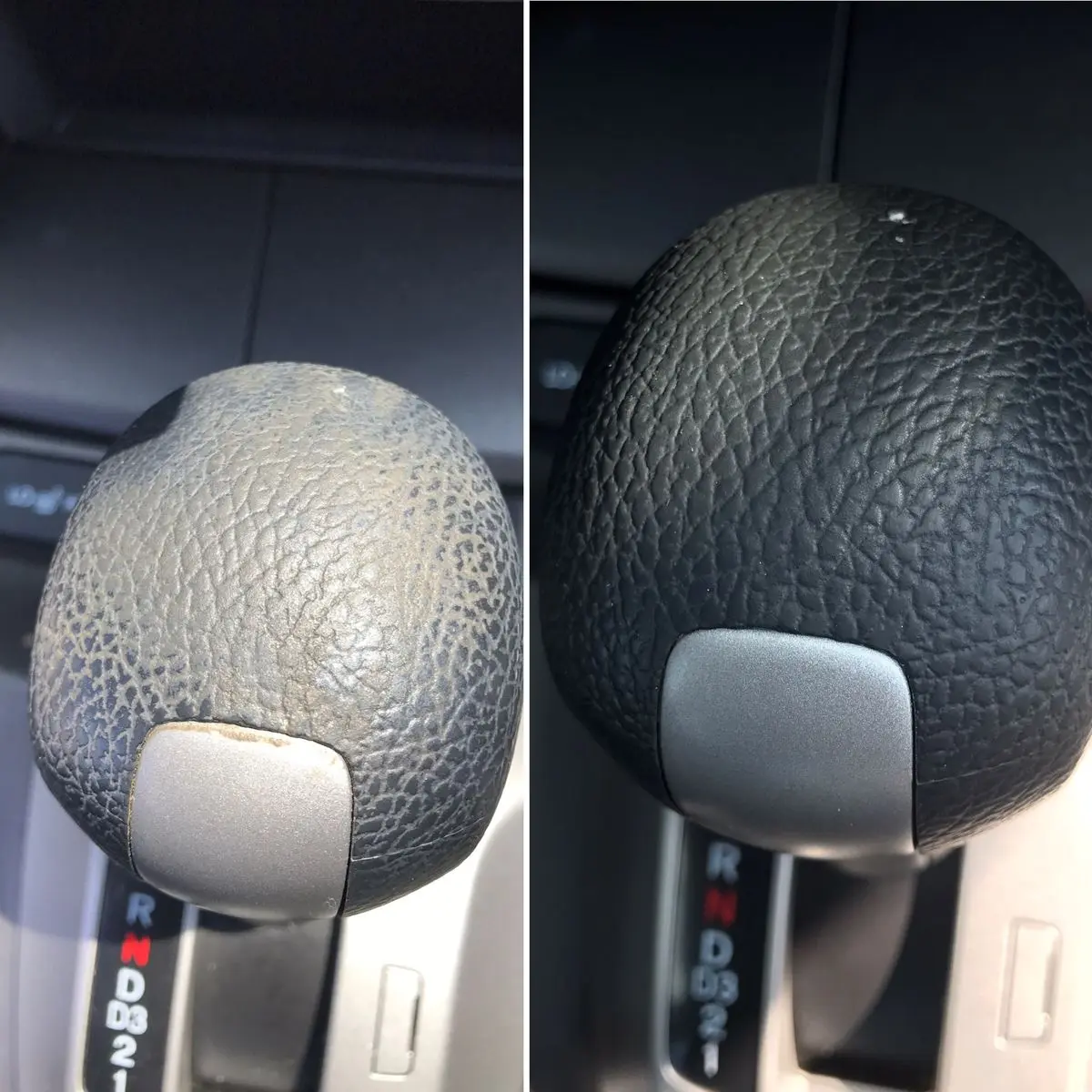 Leather gear shifter before and after mobile car detailing in Chattanooga — cleaning and conditioning