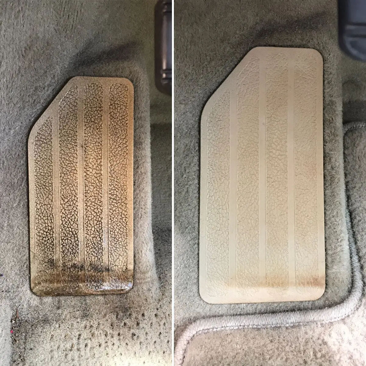 Driver floor mat heel pad before and after deep stain and grime removal