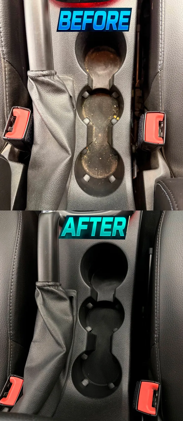 Cup holder before and after interior detailing, grime and debris removed