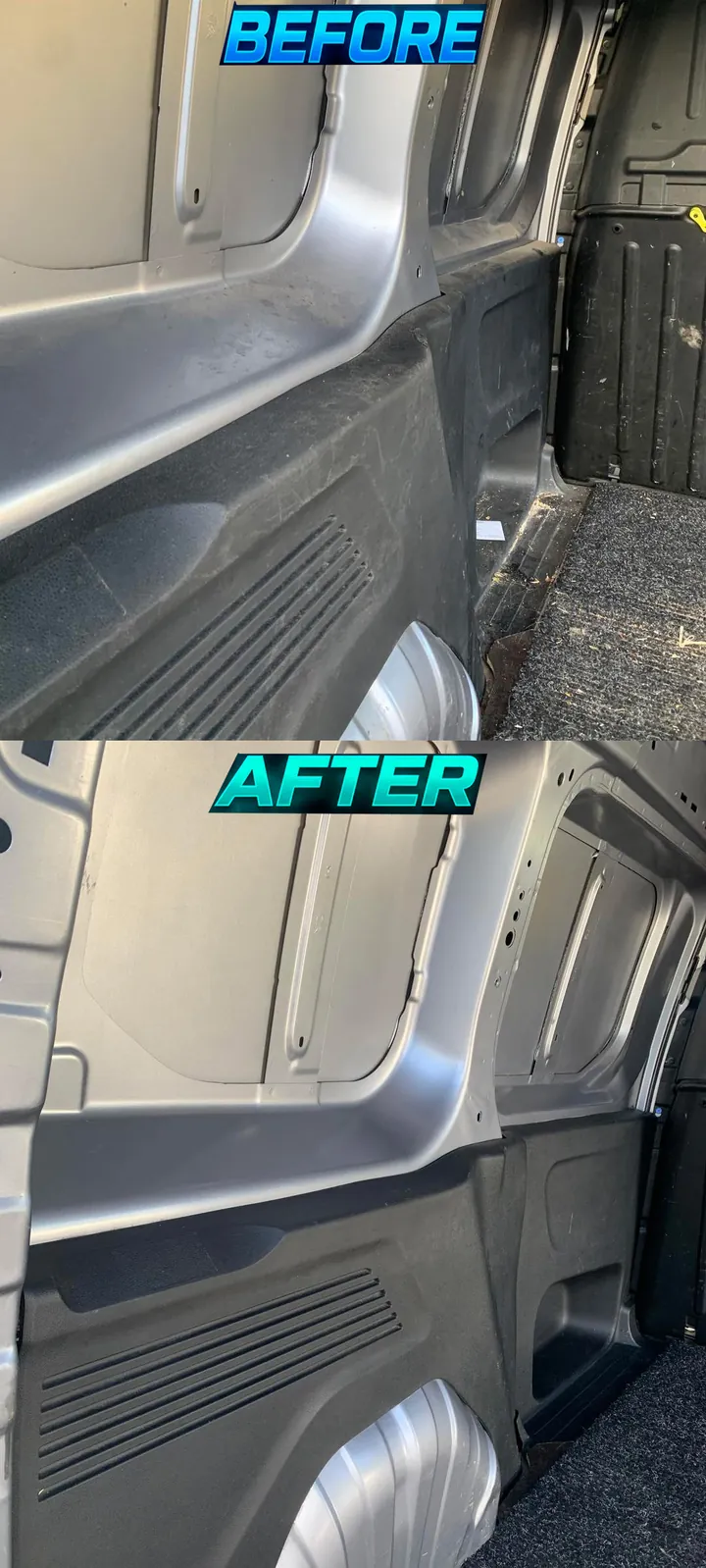 Cargo van interior panels before and after mobile detailing in Chattanooga, TN