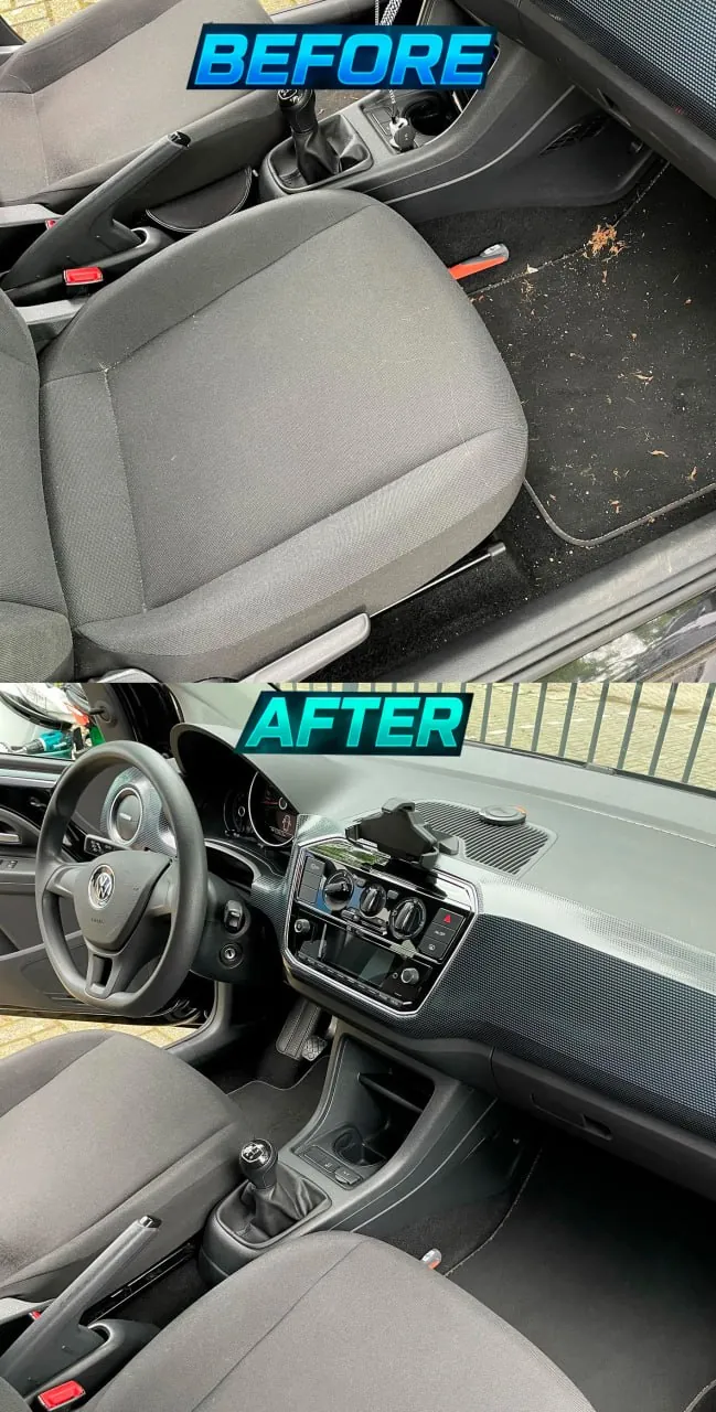 Volkswagen interior before and after vacuum, shampoo and dash cleaning
